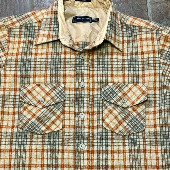 Van Heusen Vintage shirt L western board button down graytan plaid winter weight - Picture 3 of 7